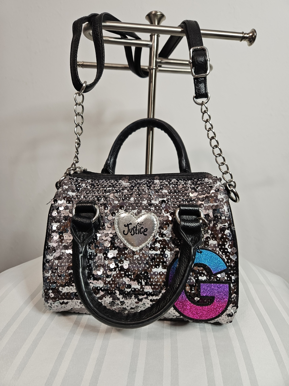 Justice Girls Sequin Mini Satchel Bag in Silver-Black 8" by 6"